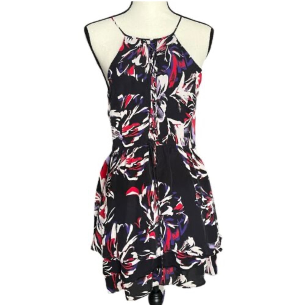 Parker Black Floral Halter Mini Dress with Flirty Hem Size M - Picture 2 of 3